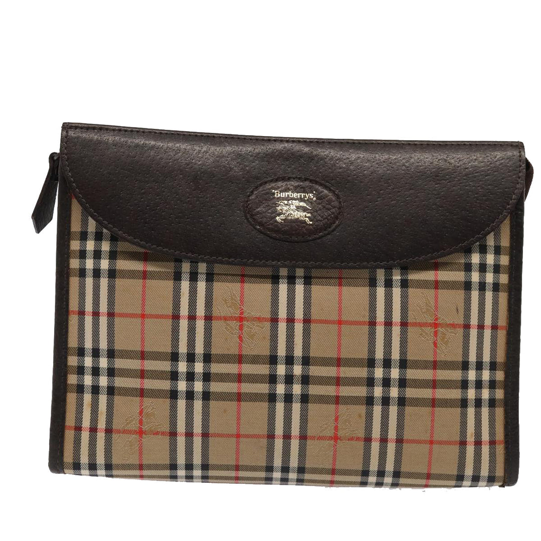 BurberrySs Nova Check Clutch Bag Canvas Leather Beige Brown gold Auth bs17029