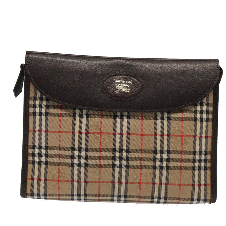 BurberrySs Nova Check Clutch Bag Canvas Leather Beige Brown gold Auth bs17029