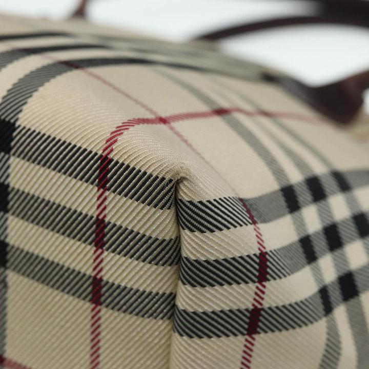 Burberry Nova Check Hand Bag Nylon Leather Beige Silver Auth bs17315