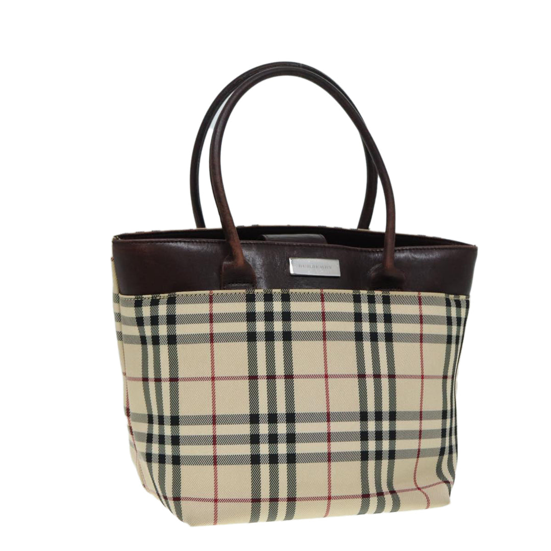 Burberry Nova Check Hand Bag Nylon Leather Beige Silver Auth bs17315