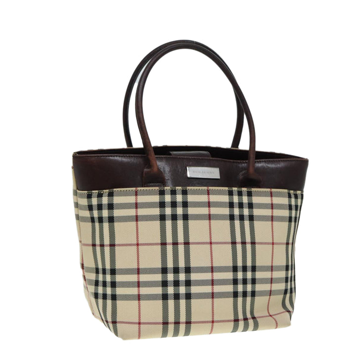 Burberry Nova Check Hand Bag Nylon Leather Beige Silver Auth bs17315
