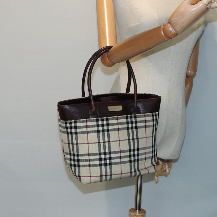 Burberry Nova Check Hand Bag Nylon Leather Beige Silver Auth bs17315