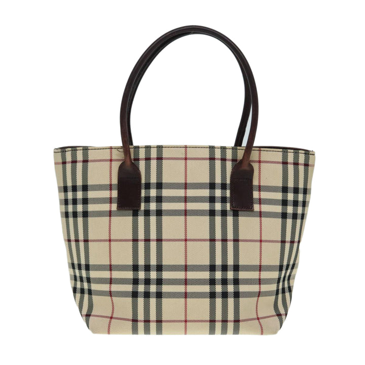 Burberry Nova Check Hand Bag Nylon Leather Beige Silver Auth bs17315