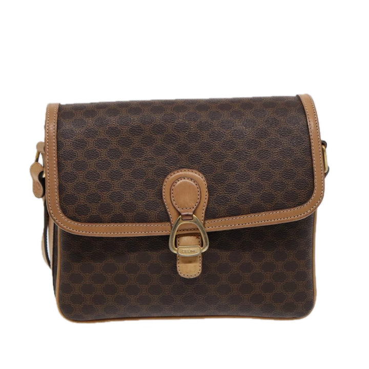 Celine Macadam Canvas Shoulder Bag PVC Leather Brown Gold Auth bs17401
