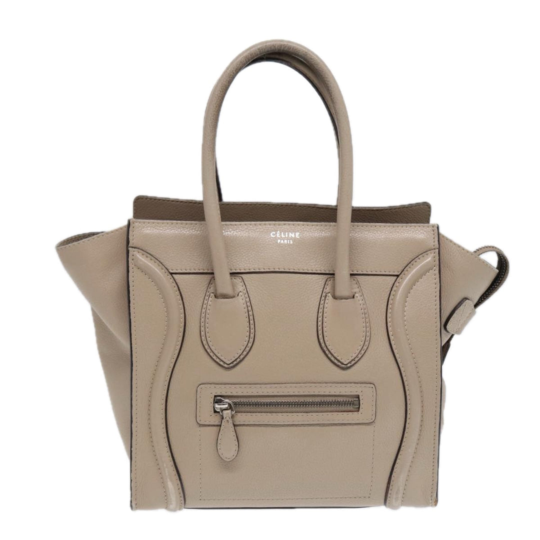 Celine Luggage Micro Tote Bag Leather Beige Silver Auth bs17402