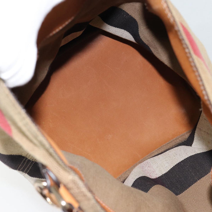 Burberry Nova Check Hand Bag Canvas 2way Beige Gold Auth bs17419