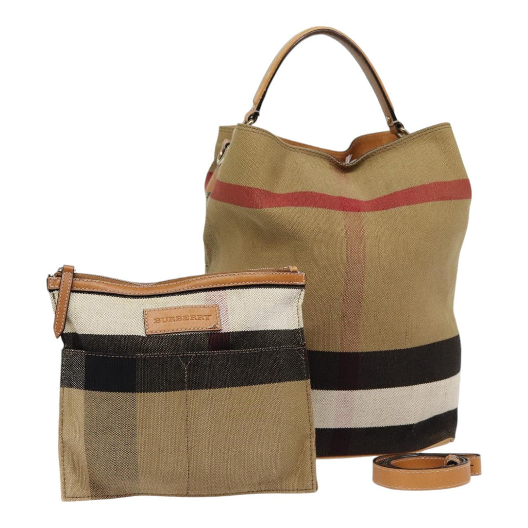 Burberry Nova Check Hand Bag Canvas 2way Beige Gold Auth bs17419