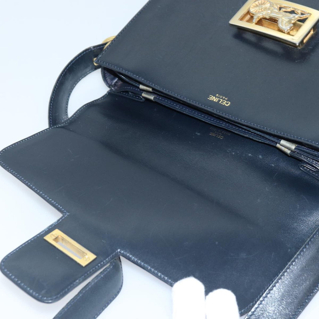 Celine Horse Carriage Shoulder Bag Leather Navy Gold Auth bs17652