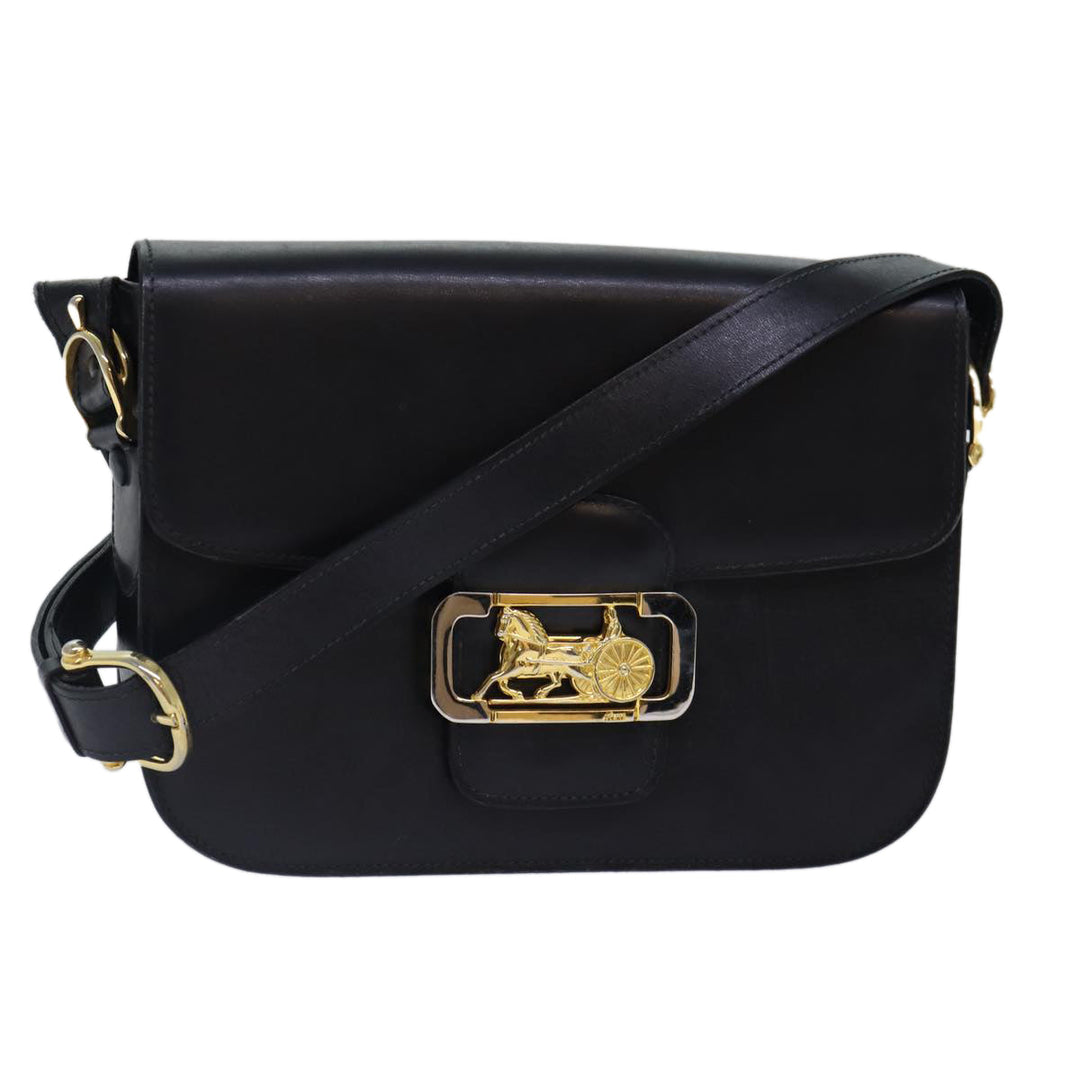 Celine Horse Carriage Shoulder Bag Leather Black Gold Auth bs17653