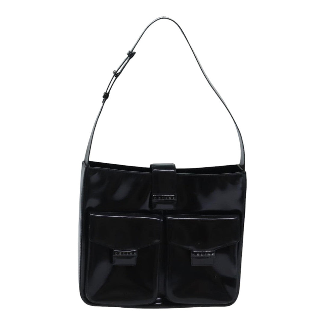 Celine Shoulder Bag Patent leather Black Silver Auth bs17689