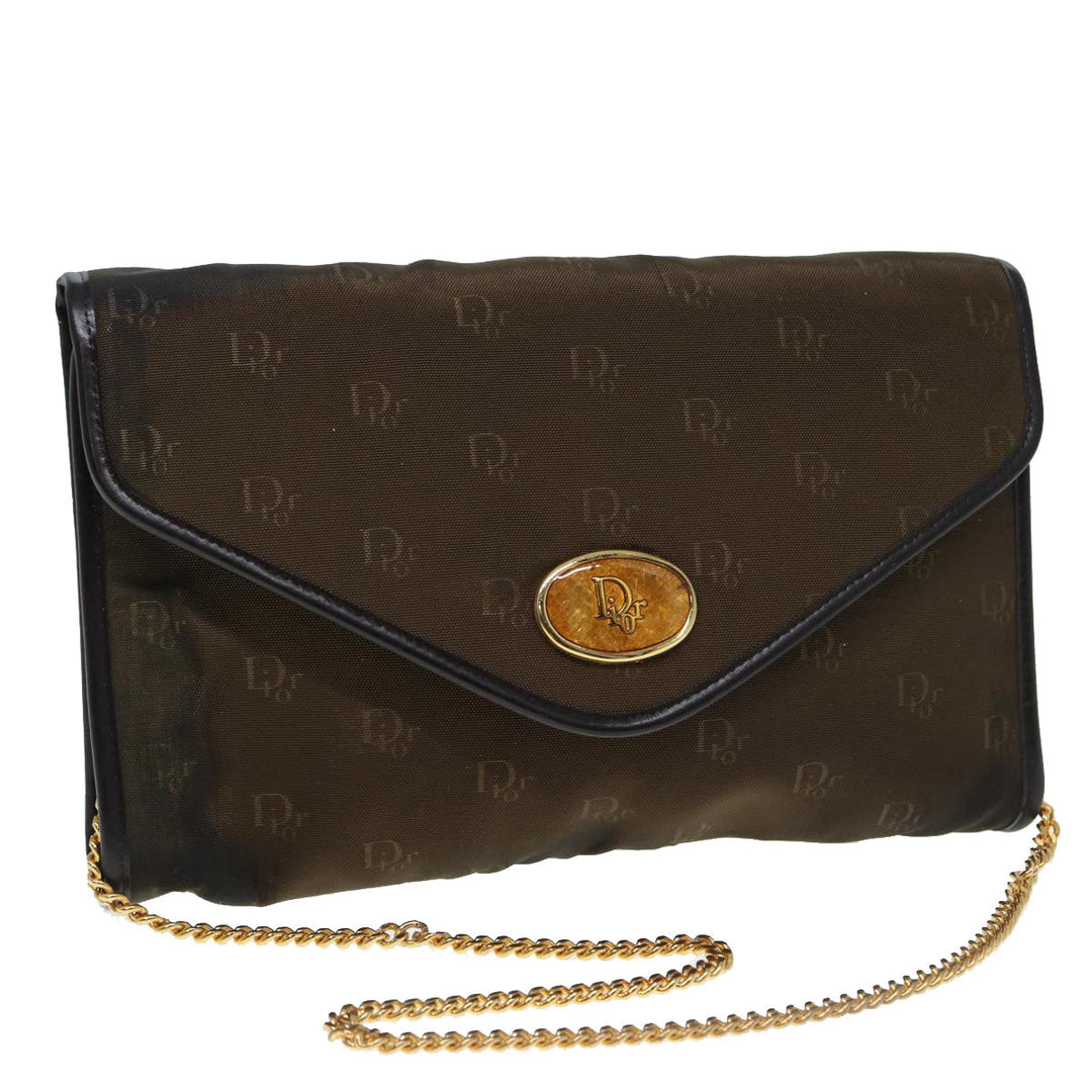 CHRISTIAN Top quality Dior Chain Shoulder Bag Nylon Brown Gold Auth bs17771
