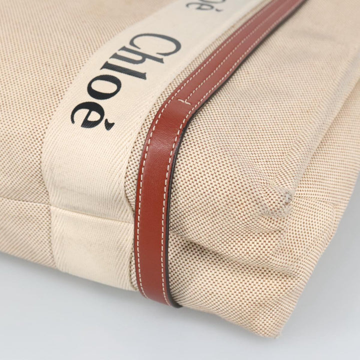 Chloe Woody Medium Tote Bag Canvas Leather Beige Brown bs19363