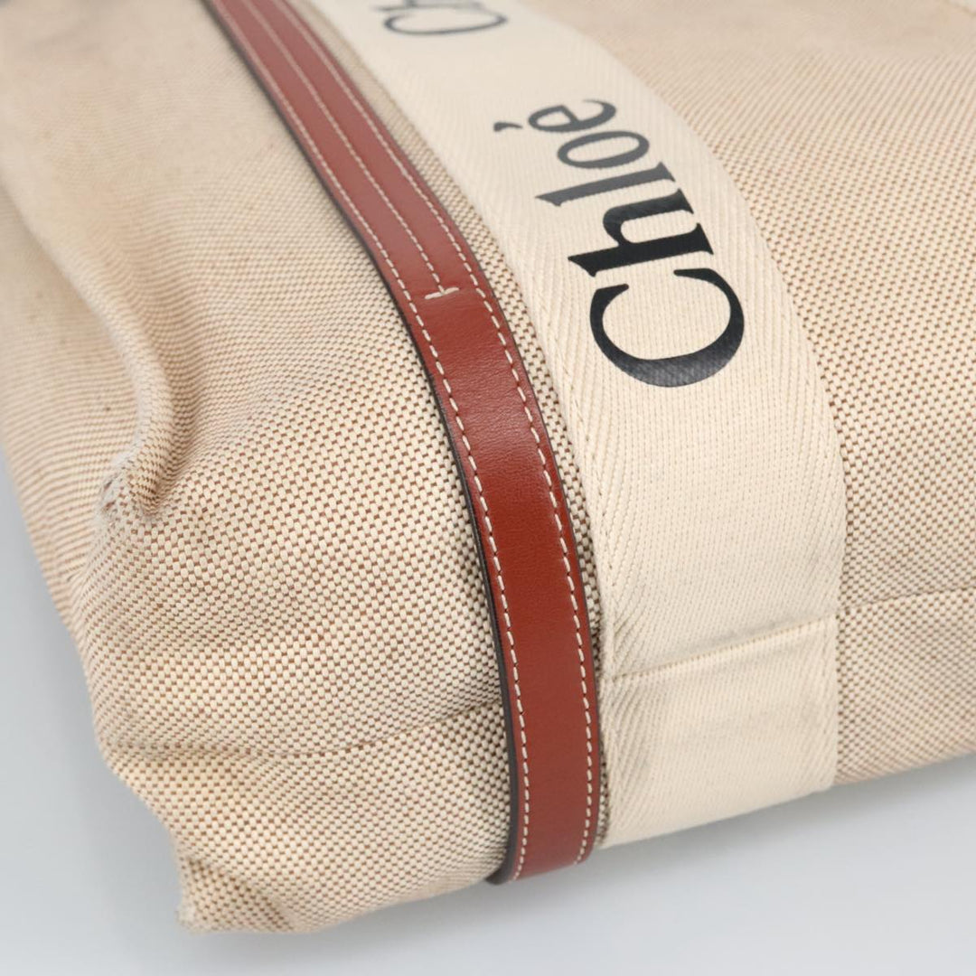 Chloe Woody Medium Tote Bag Canvas Leather Beige Brown bs19363
