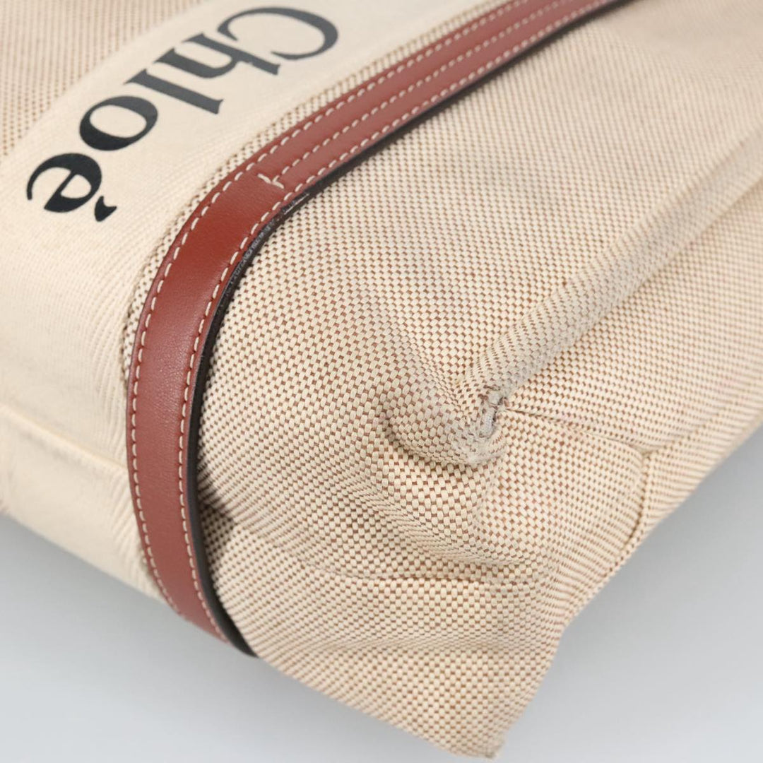 Chloe Woody Medium Tote Bag Canvas Leather Beige Brown bs19363