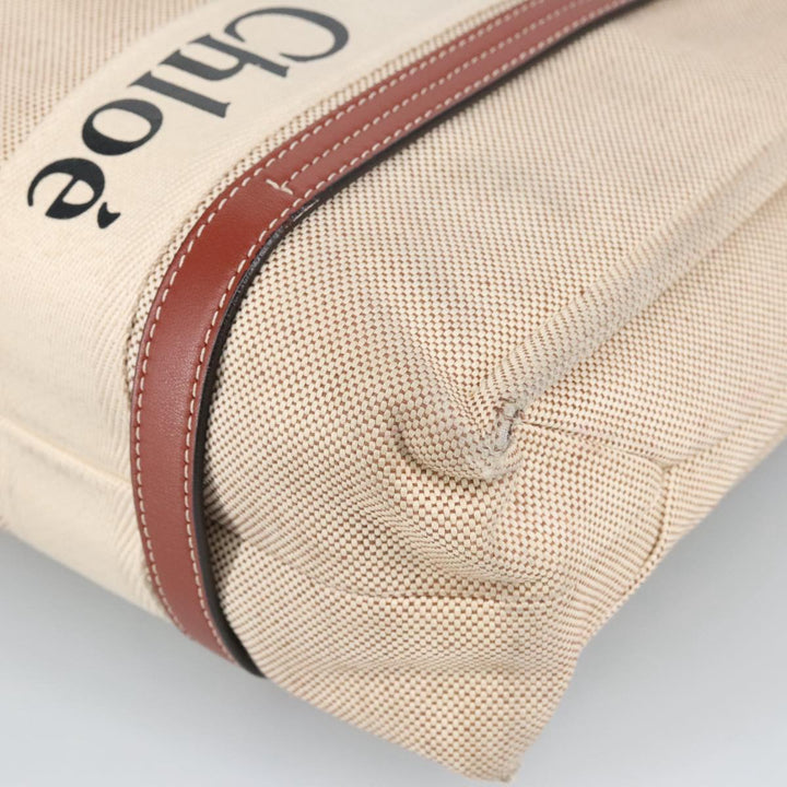 Chloe Woody Medium Tote Bag Canvas Leather Beige Brown bs19363