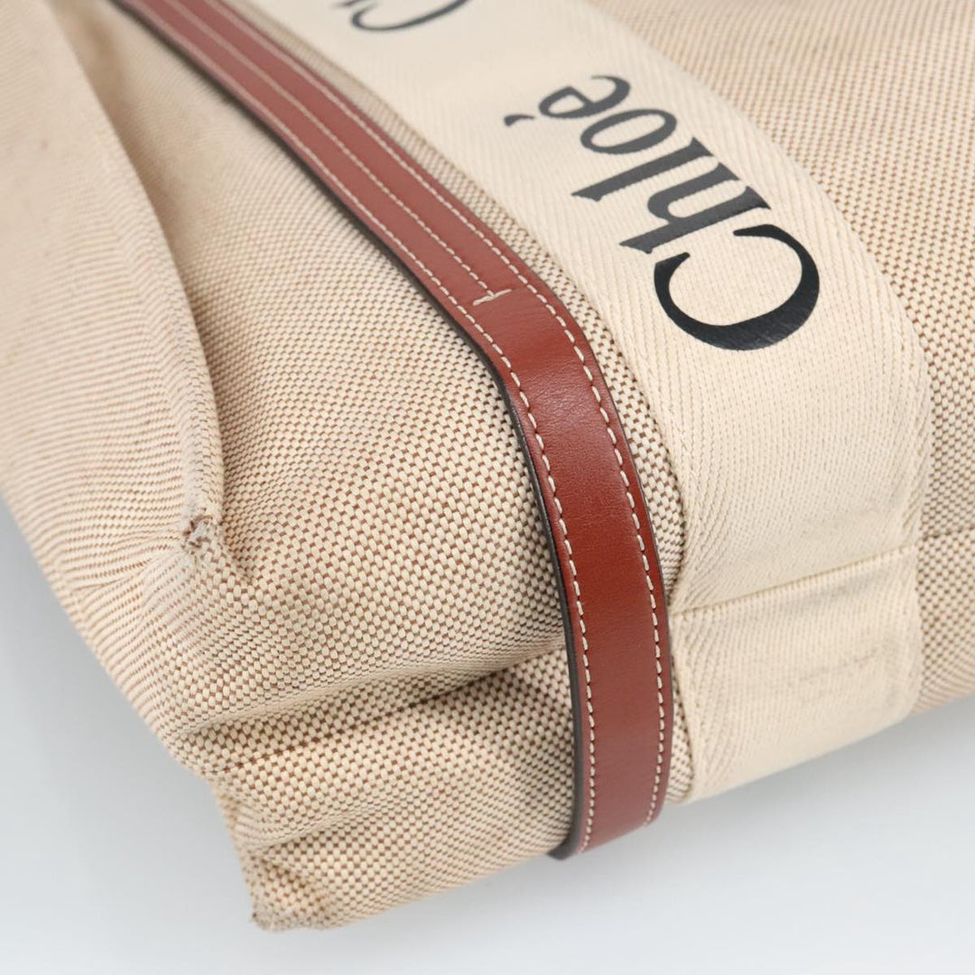 Chloe Woody Medium Tote Bag Canvas Leather Beige Brown bs19363