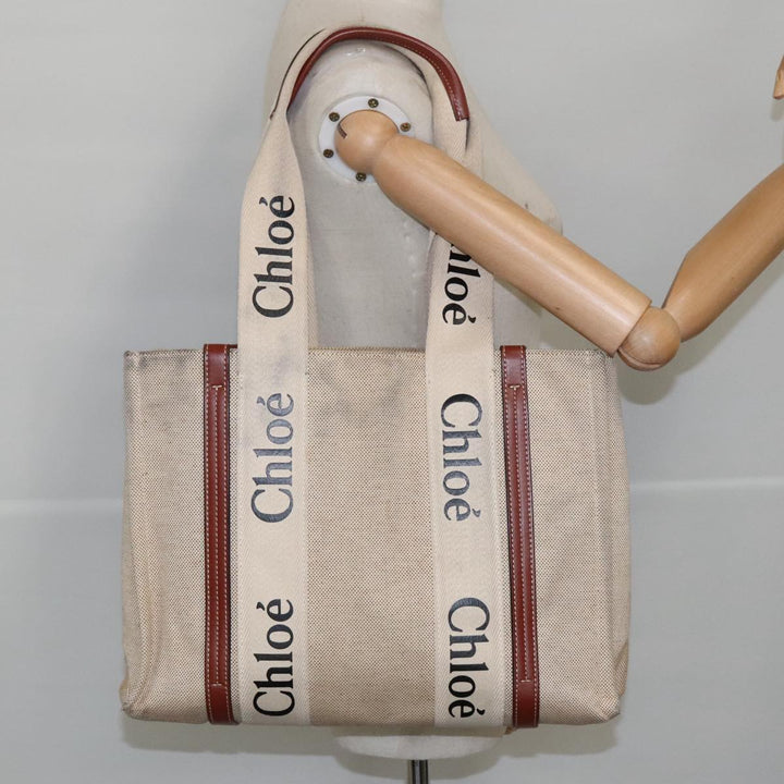 Chloe Woody Medium Tote Bag Canvas Leather Beige Brown bs19363