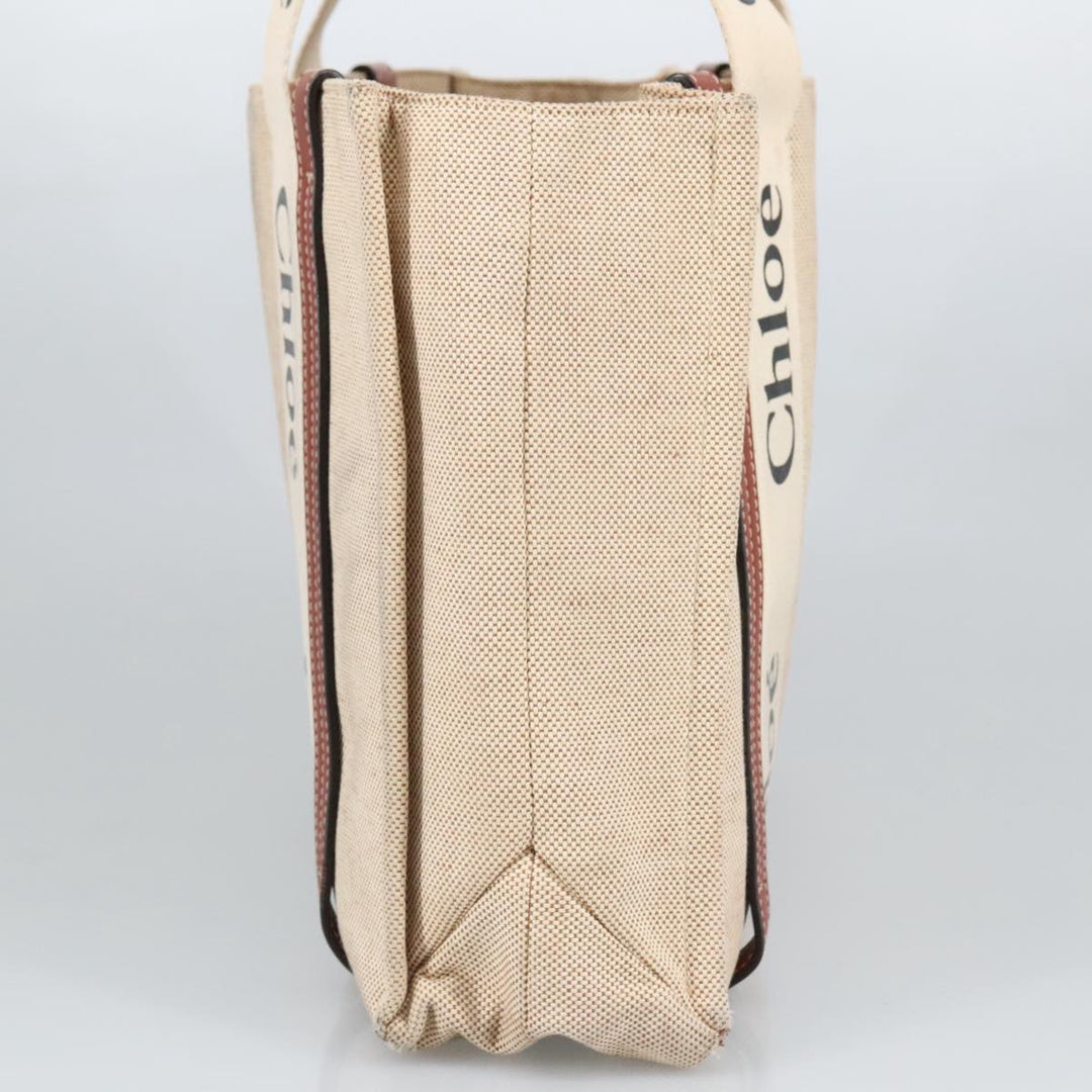 Chloe Woody Medium Tote Bag Canvas Leather Beige Brown bs19363