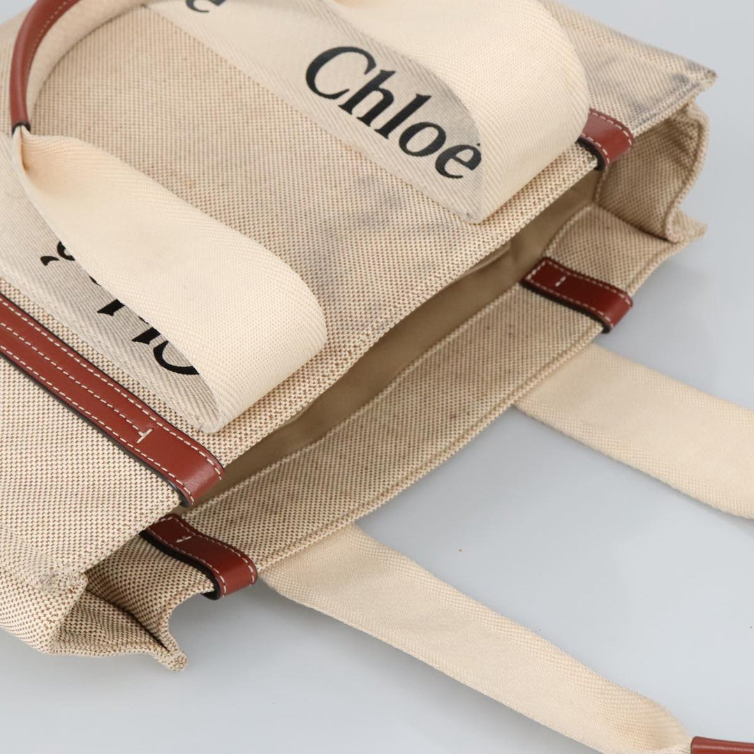 Chloe Woody Medium Tote Bag Canvas Leather Beige Brown bs19363