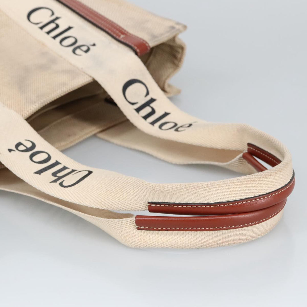 Chloe Woody Medium Tote Bag Canvas Leather Beige Brown bs19363