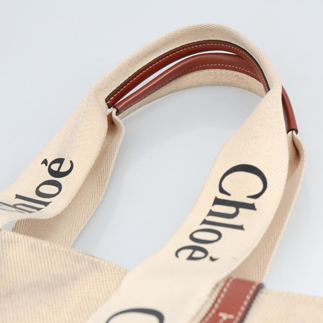 Chloe Woody Medium Tote Bag Canvas Leather Beige Brown bs19363