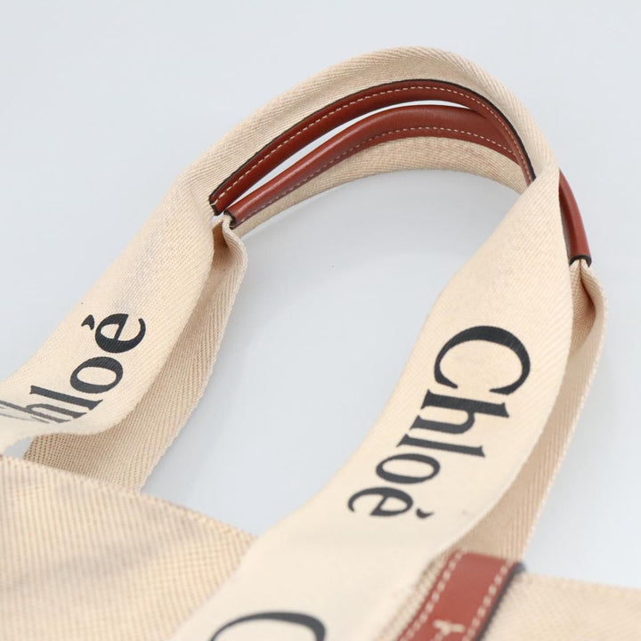 Chloe Woody Medium Tote Bag Canvas Leather Beige Brown bs19363
