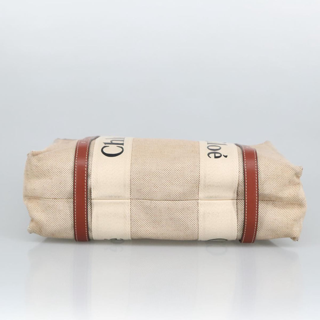 Chloe Woody Medium Tote Bag Canvas Leather Beige Brown bs19363