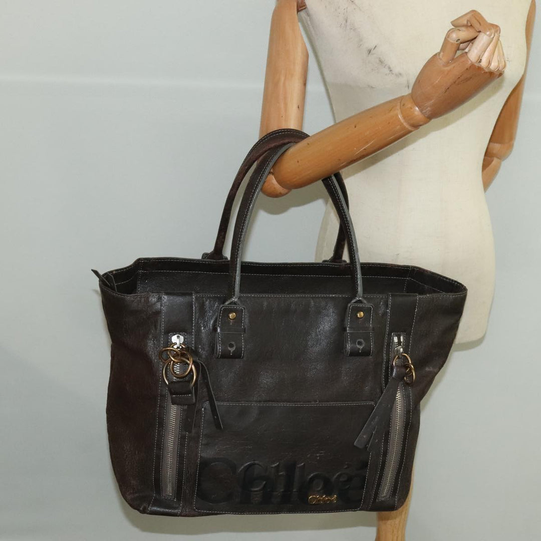 Chloe Tote Bag Leather Dark Brown Gold Silver bs19915