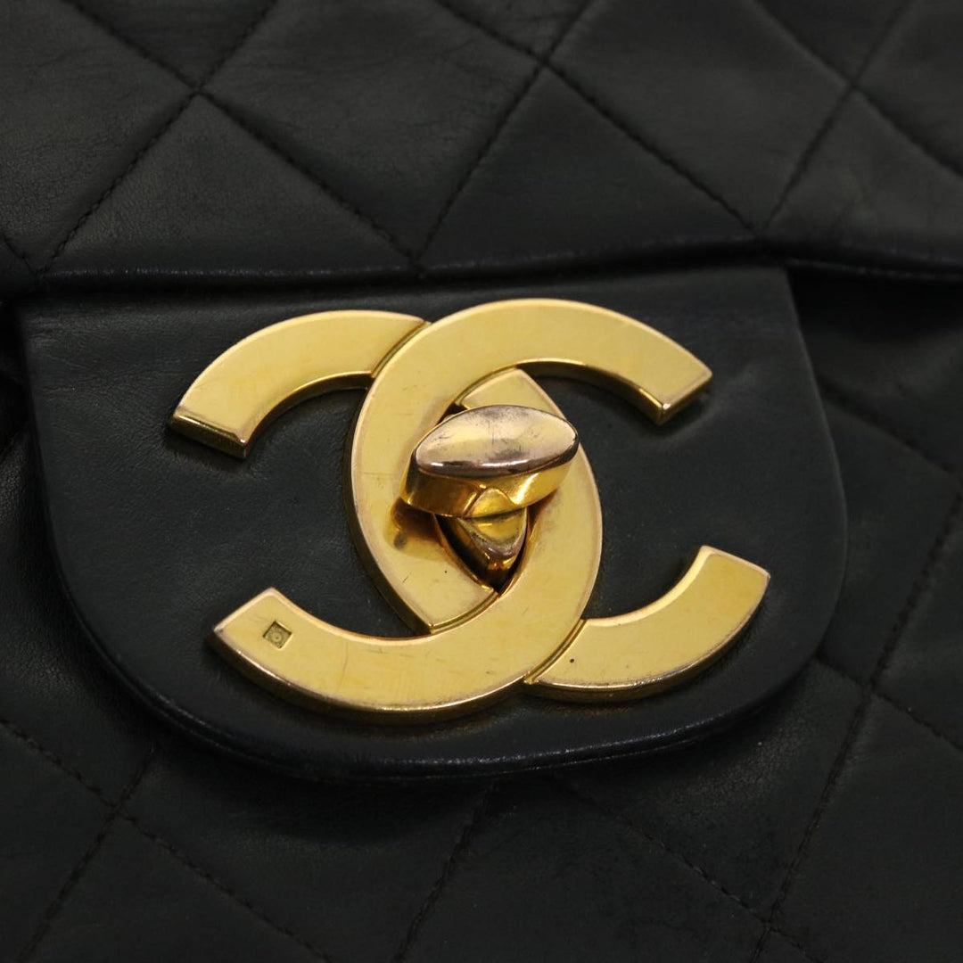 Chanel Big Matelasse Double Chain Shoulder Bag Lamb Skin Black CC Auth bs3702
