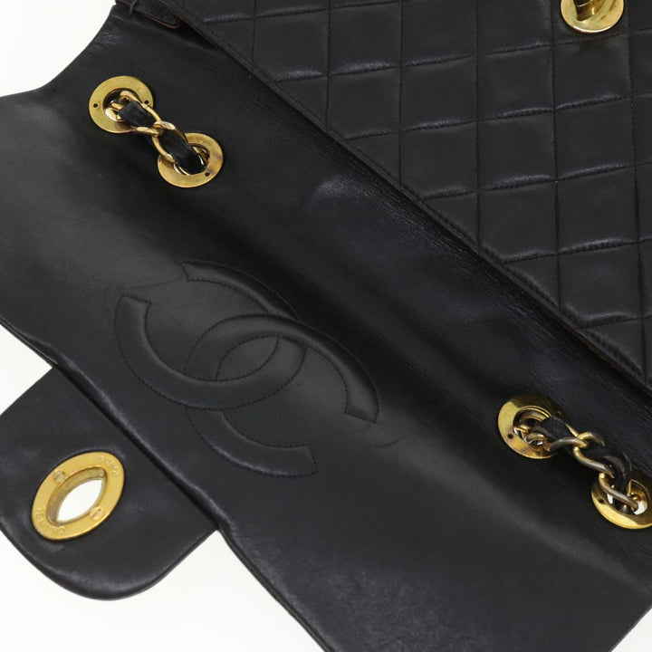 Chanel Big Matelasse Double Chain Shoulder Bag Lamb Skin Black CC Auth bs3702