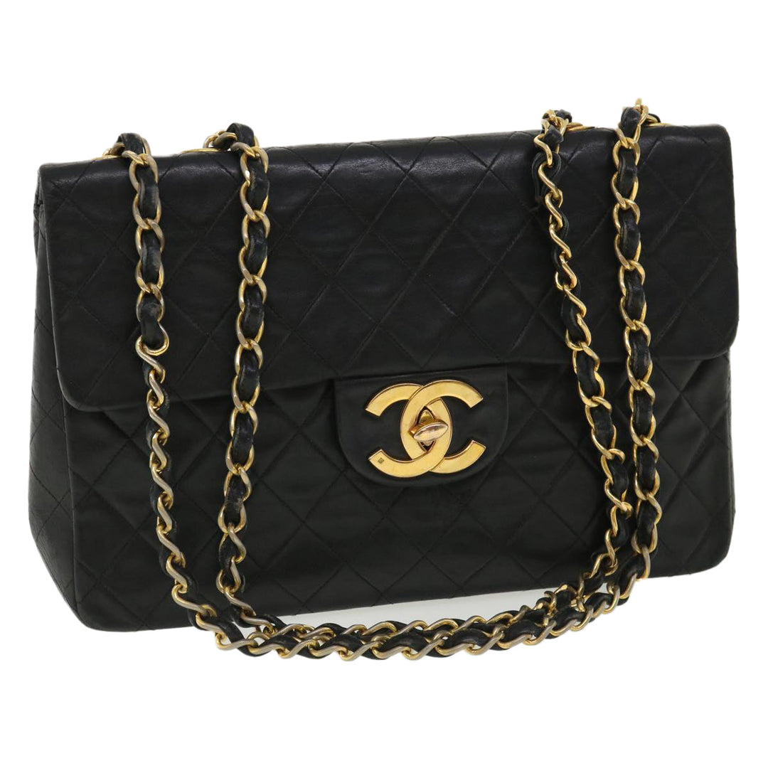 Chanel Big Matelasse Double Chain Shoulder Bag Lamb Skin Black CC Auth bs3702