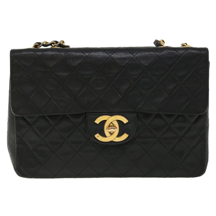 Chanel Big Matelasse Double Chain Shoulder Bag Lamb Skin Black CC Auth bs3702