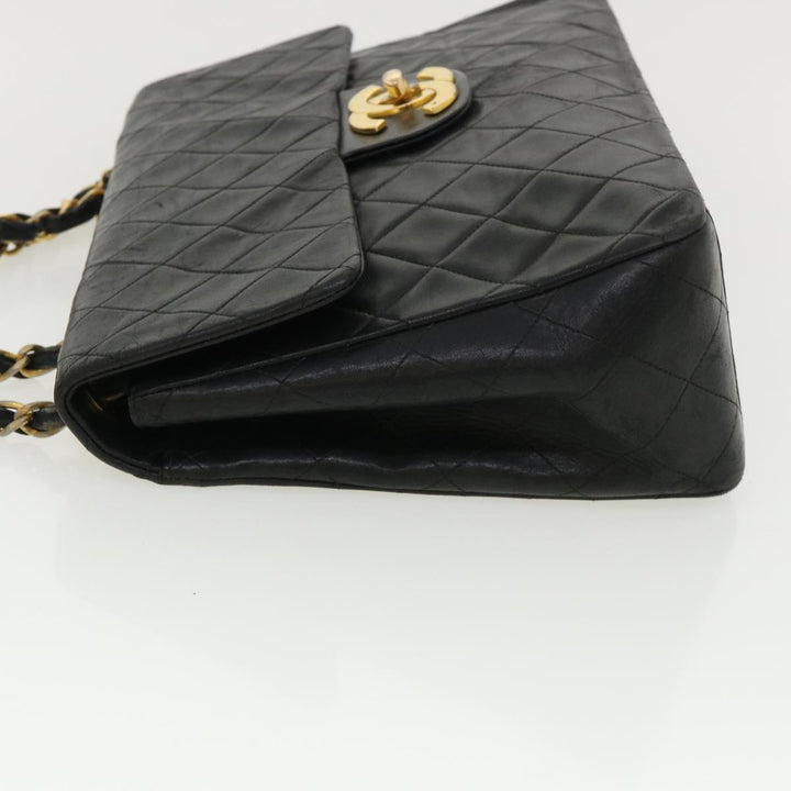 Chanel Big Matelasse Double Chain Shoulder Bag Lamb Skin Black CC Auth bs3702