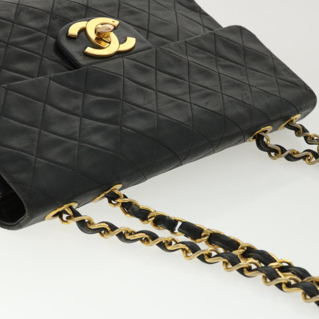 Chanel Big Matelasse Double Chain Shoulder Bag Lamb Skin Black CC Auth bs3702