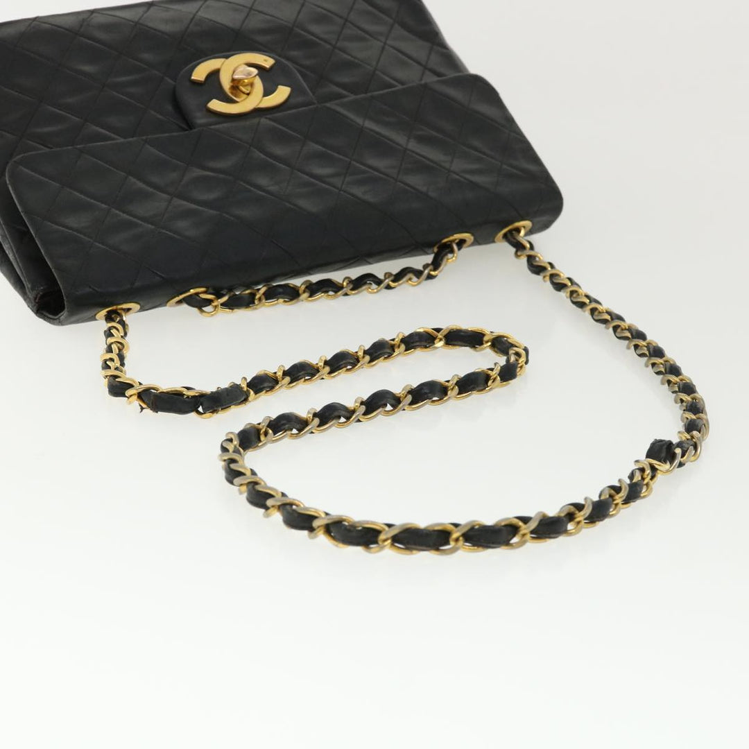 Chanel Big Matelasse Double Chain Shoulder Bag Lamb Skin Black CC Auth bs3702