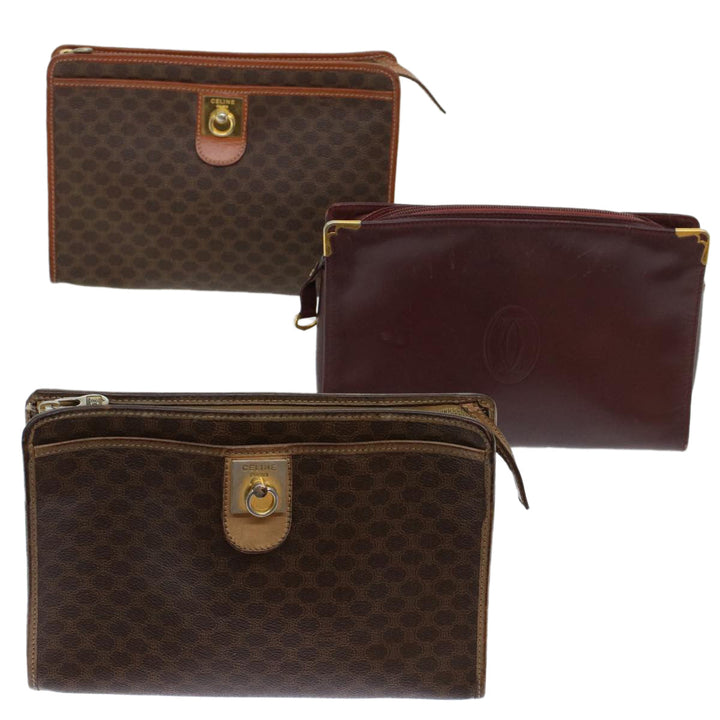 Celine Cartier Macadam Canvas Clutch Bag Leather 3Set Wine Red Brown  6276