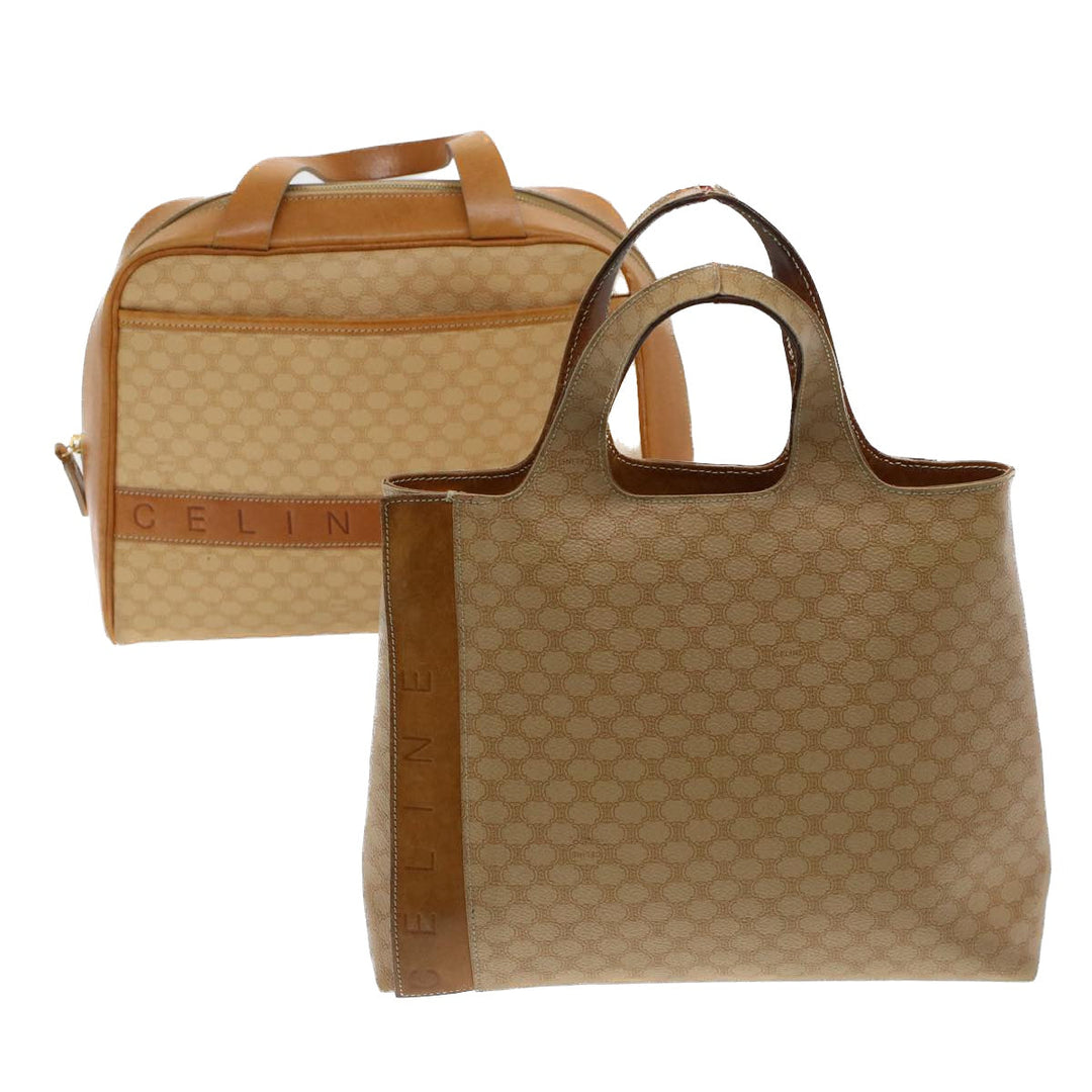 Celine Macadam Canvas Hand Bag PVC Leather 2Set Beige Brown  7502