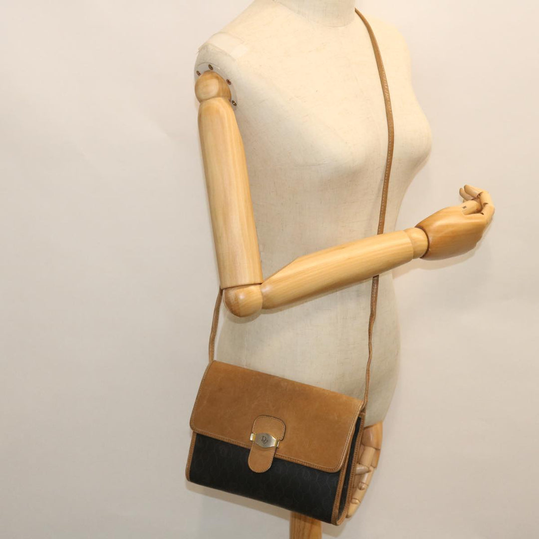 CHRISTIAN Dior Honeycomb Canvas Shoulder Bag PVC Leather Brown Black Auth bs7613