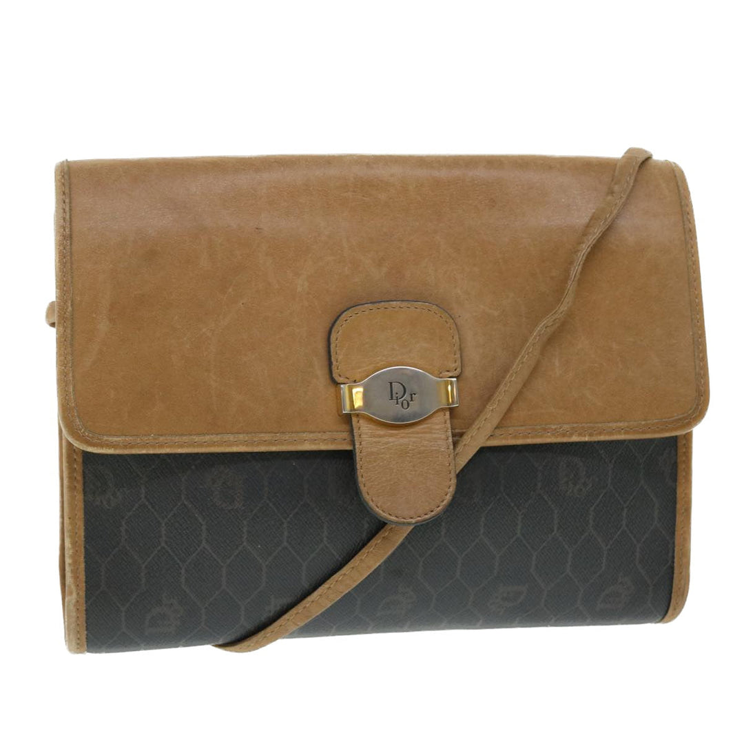 CHRISTIAN Dior Honeycomb Canvas Shoulder Bag PVC Leather Brown Black Auth bs7613