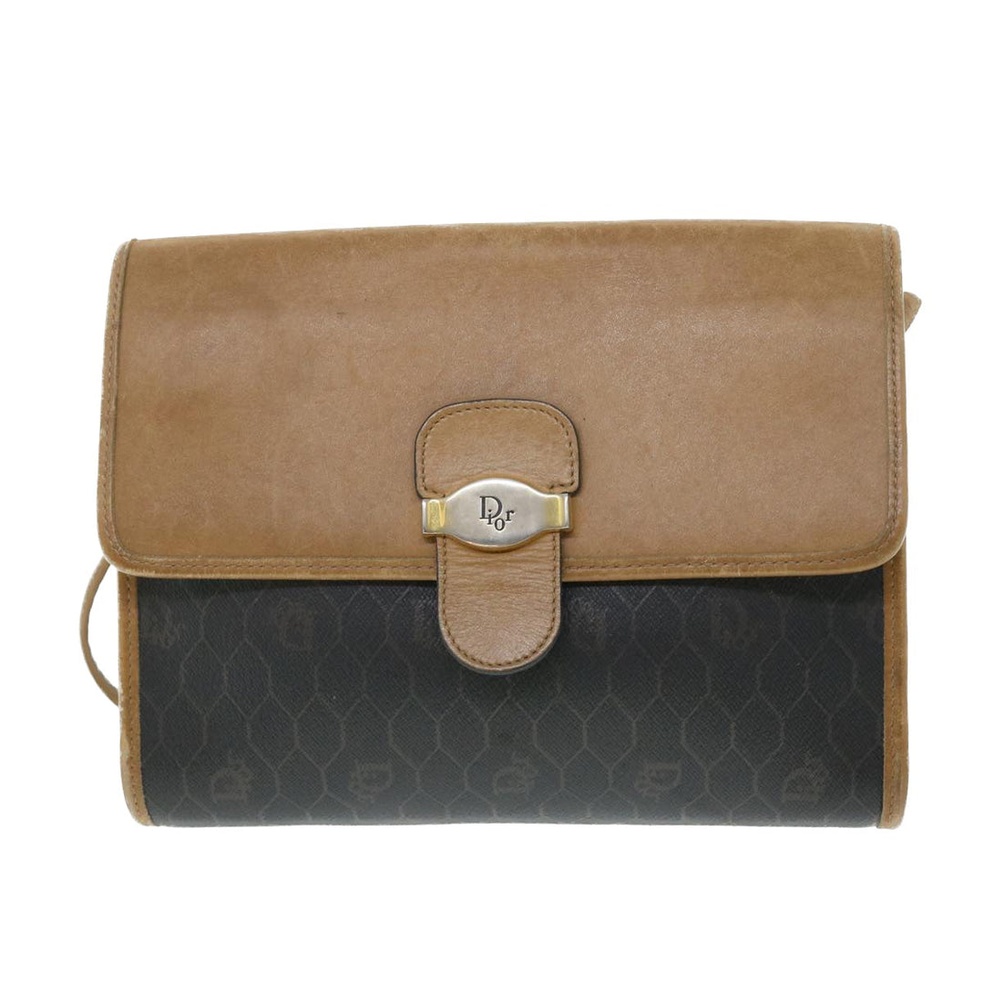 CHRISTIAN Dior Honeycomb Canvas Shoulder Bag PVC Leather Brown Black Auth bs7613