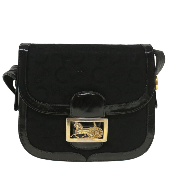 Celine C Macadam Canvas Horse Carriage Shoulder Bag Black Auth bs8998