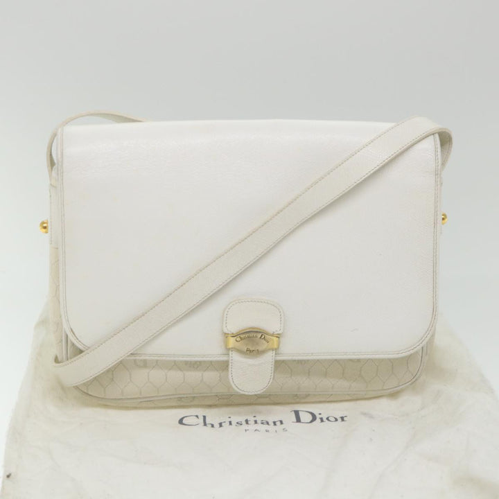 CHRISTIAN Top quality Dior Honeycomb Canvas Shoulder Bag Leather White Auth bs9992