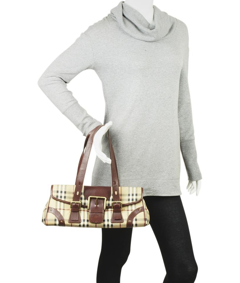 Burberry Ecordelia Buckle Haymarket Check Beige Canvas Satchel