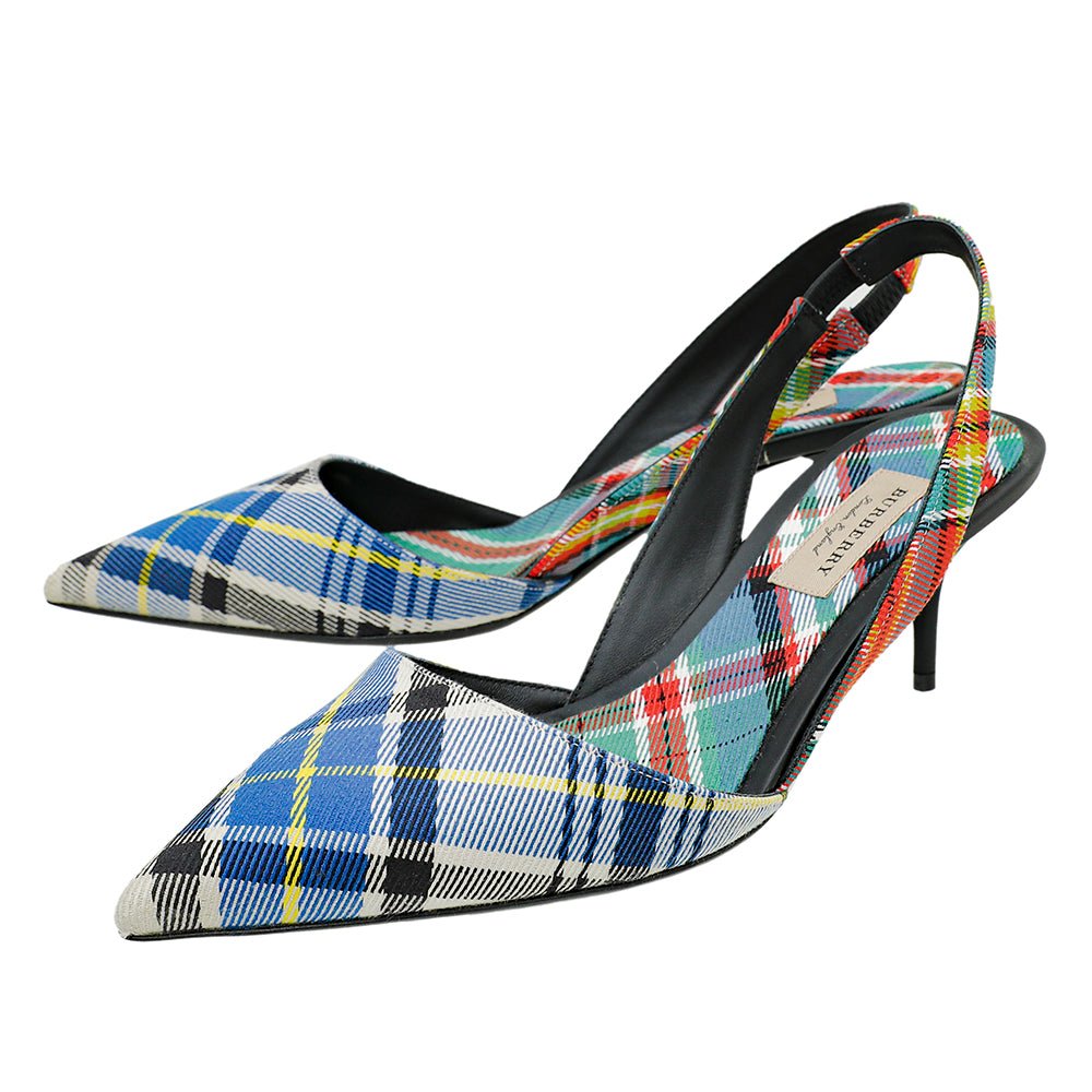 Burberry Blue Multicolor Annice Tartan Slingback Heels 40