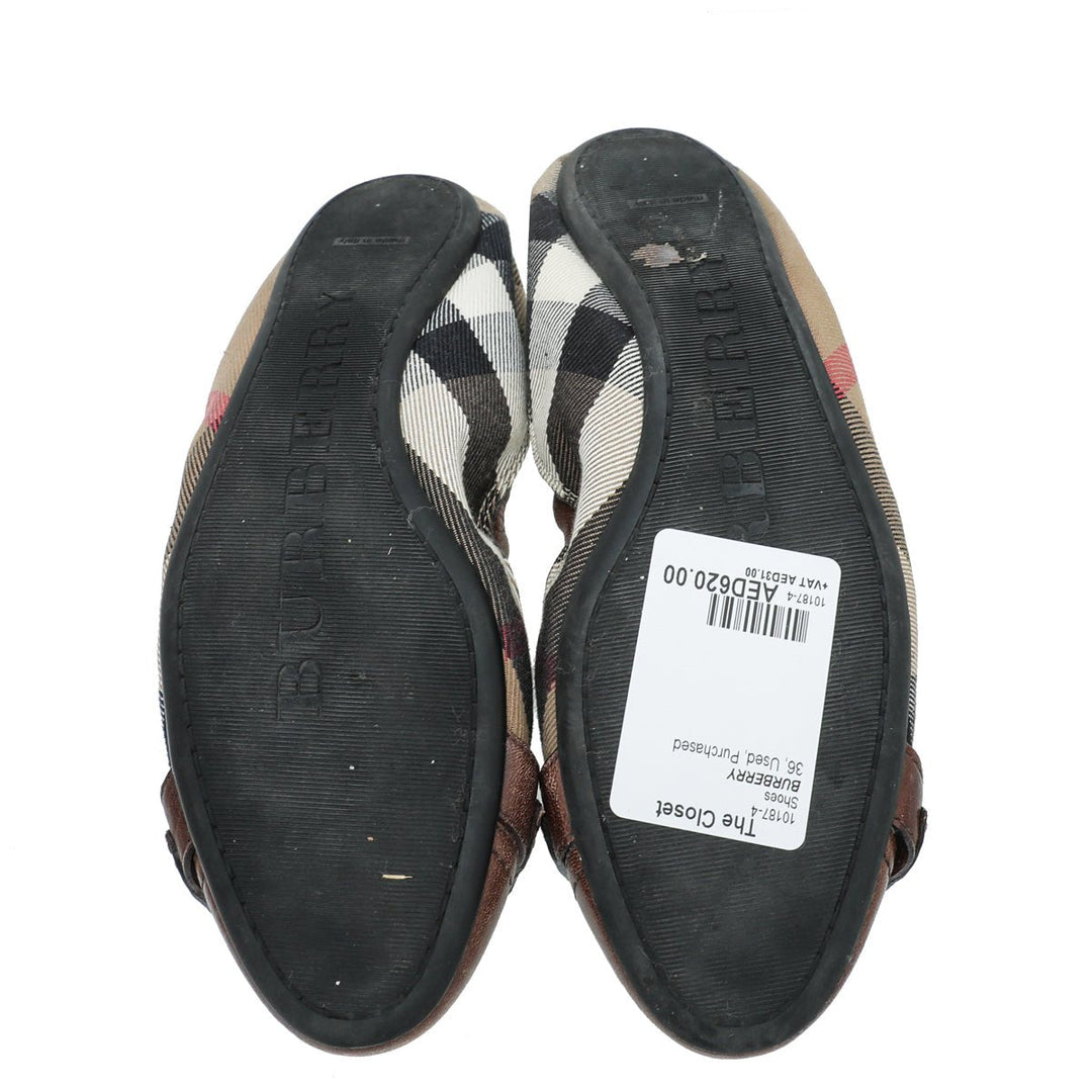 Burberry Brown House Check Flat Elastic Ballet 36