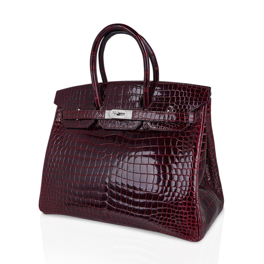 Top quality Hermes Birkin 35 Bag Diamond Bordeaux Porosus Crocodile with White Gold Hardware
