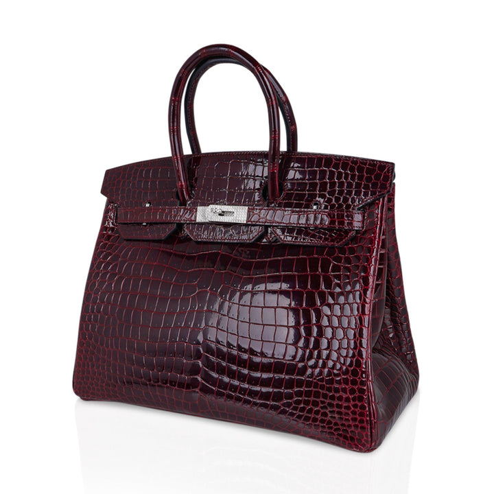 Top quality Hermes Birkin 35 Bag Diamond Bordeaux Porosus Crocodile with White Gold Hardware