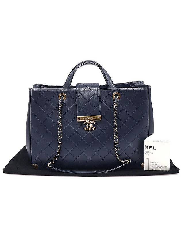 A93518 Navy Calfskin Quilted Metal Chain Tote 2WAY 23rd Unit Chanel