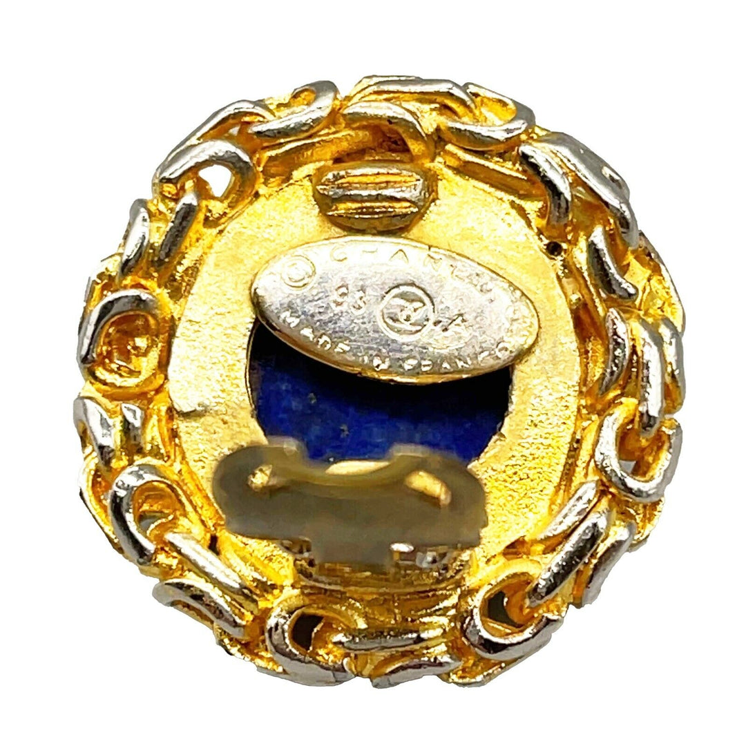 Chanel - 93A Woven Chain Lapis Lazuli Cabochon Button Earrings Gold / Blue