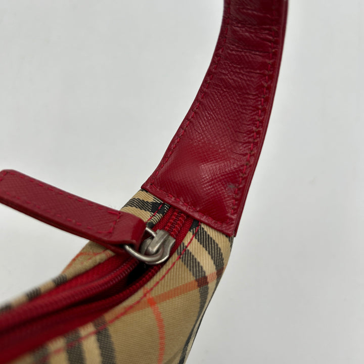 Burberry House Check Beige Red Leather Trim Handbag Medium